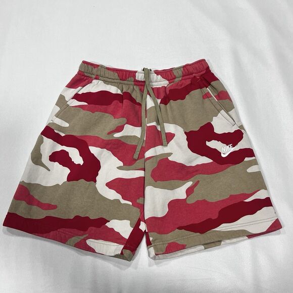 Nike Men Club Camo Red White Brown Camouflage‎ Fleece Shorts 8” Inseam Sz Medium - Picture 1 of 7